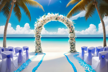 beach wedding venue, wedding setup, cabana, arch, gazebo decorated with flowers, beach wedding setup. High quality photoの写真素材