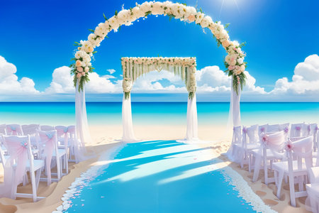 beach wedding venue, wedding setup, cabana, arch, gazebo decorated with flowers, beach wedding setup. High quality photoの写真素材