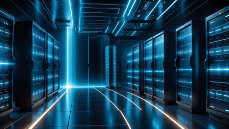 Futuristic data center corridor with neon lights. 3d renderingの素材