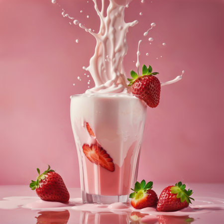strawberry milk splashing into a glass with fresh strawberries on a pink backgroundの素材