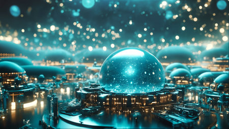 Abstract technology background with glass globe. 3D Rendering, 3D illustration.の素材