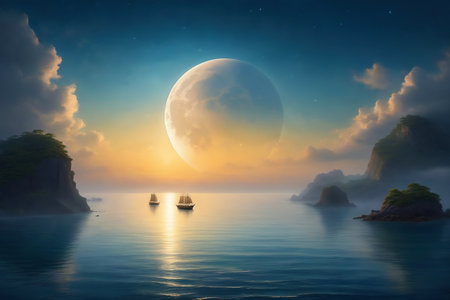 A bright moon grows on the seaの素材