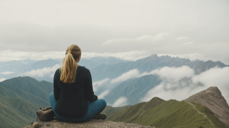 Women sit on the mountaintop to relaxの素材