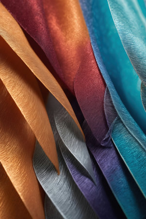 Colorful satin ribbons as background, closeup of photoの素材