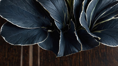 close up of a bouquet of dark blue leaves on a wooden backgroundの素材