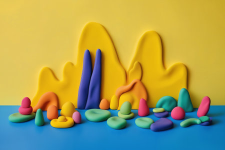 Colorful stones on blue and yellow background. 3d rendering.の素材