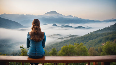 Young woman sitting on the edge of a wooden terrace with a view of the foggy mountainsの素材