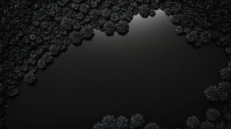 Black abstract background with black snowflakes. 3d render illustrationの素材