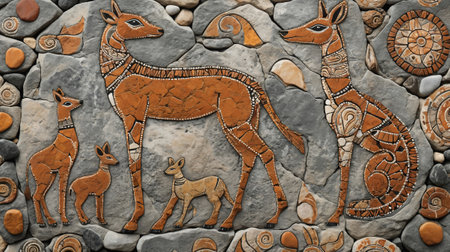 Painted on stone wall of Alpaca and deer in Peruの素材