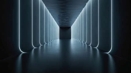 Abstract dark corridor with glowing neon lights. 3D Rendering.の素材