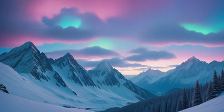 Beautiful panoramic view of snowy mountains at sunset. Northern lights.の素材