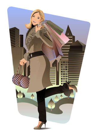 A beautiful woman carried a lot of shopping bags and walking in the city at night.のイラスト素材