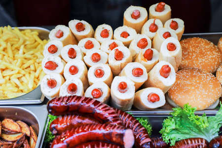 Grilled sausages and hot dog, close up.  Street food.の写真素材