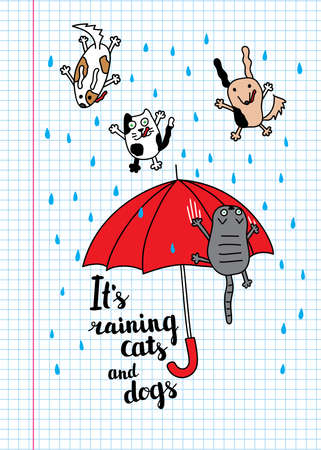 "It's raining cats and dogs" autumn card. Falling raindrops and umbrella with cats and dogs. Bright autumn postcard. Vector illustration.のイラスト素材