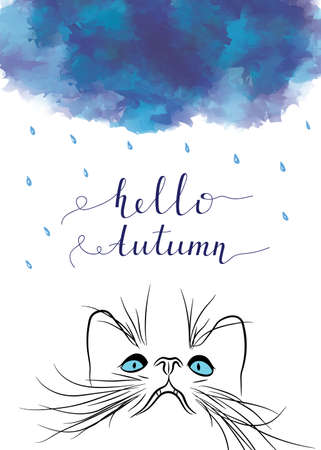 "Hello Autumn" postcard with dark clouds, rain and cat muzzle. Vector illustration.のイラスト素材