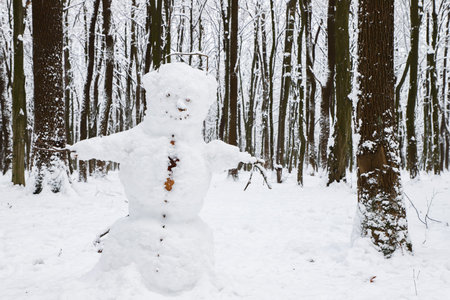 Smiling snowman in winter forest.