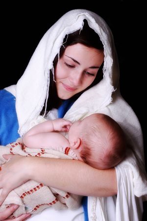 Mary looking lovingly at the baby Jesusの写真素材