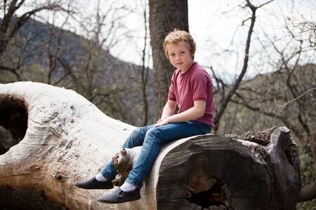 thoughtful young boy sitting on a logの写真素材