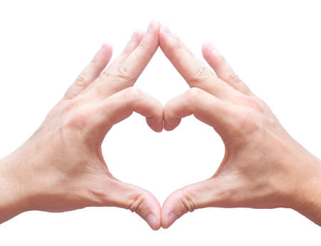 Heart-shaped hand on a white background.の写真素材