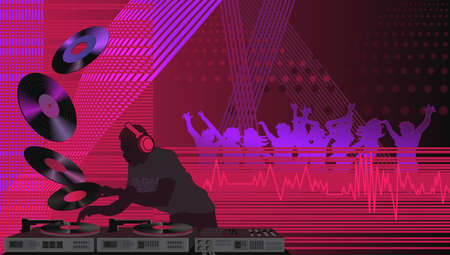 Night club with the dj playing records and people dancing under spot lightsのイラスト素材