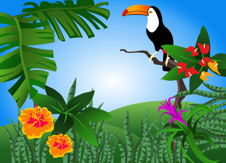 Illustration of a tropical scene with flowers and a toucanのイラスト素材