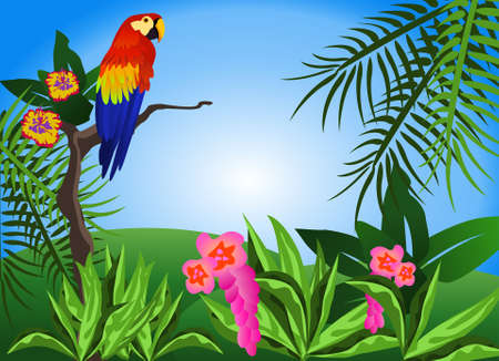 Illustration of a tropical scene with flowers and a parrotのイラスト素材