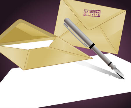 Background with envelopes and a pen writing on blank paperのイラスト素材