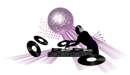 Clip-art with dj, records, turntable and shining disco ballのイラスト素材