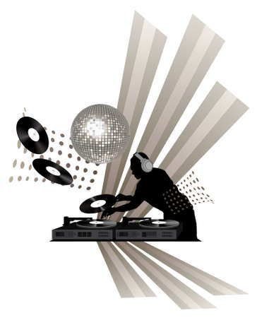 Clip-art with dj, records, turntable and shining disco ballのイラスト素材