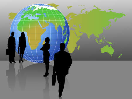 Silhouettes standing with World Globe and Mapのイラスト素材