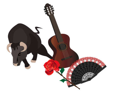 Illustration with a bull, guitar, fan and roseのイラスト素材