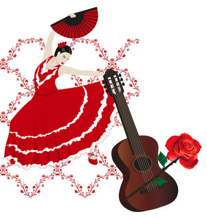 Illustration of a flamenco dancer with a fan, rose and guitarのイラスト素材