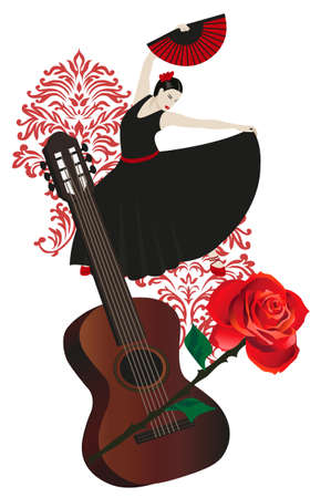 Illustration of a flamenco dancer holding a fan and guitarのイラスト素材