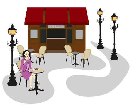 Woman sitting outside a cafe, drinking and eating のイラスト素材