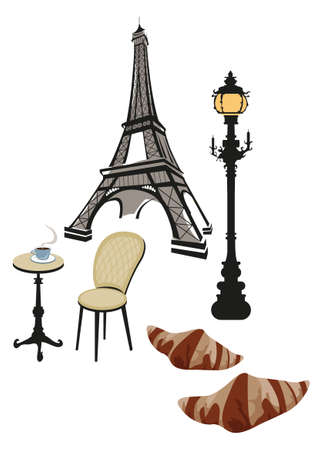 Eiffel tower, street lamp and cafe and croissant のイラスト素材