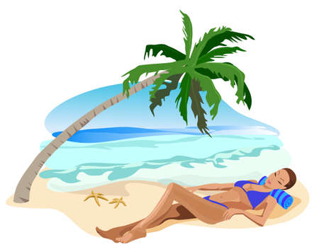 Illustration of a woman chilling out on the beach のイラスト素材