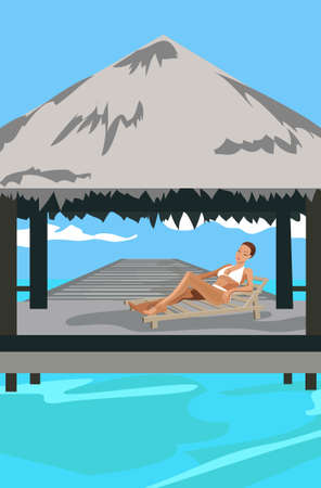 Illustration of a woman at Maldives island resortのイラスト素材