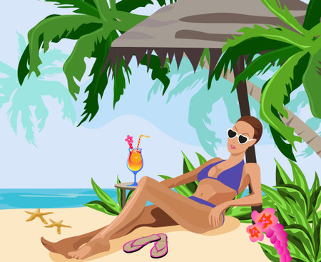 Illustration of a woman chilling out on the beach のイラスト素材