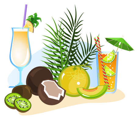 Exotic drinks and fruits isolated on white background のイラスト素材