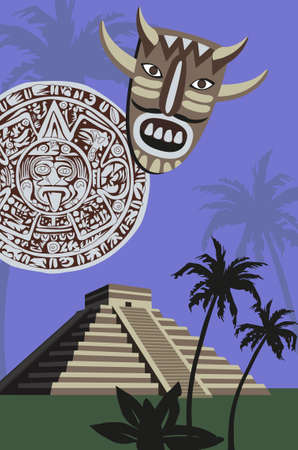 Background illustration with antique Mayan Pyramid のイラスト素材
