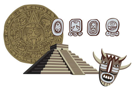 Illustration with Mayan Pyramid and ancient glyphs のイラスト素材