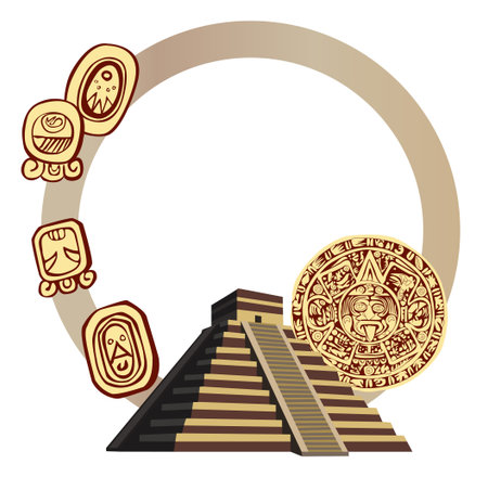 Illustration with Mayan Pyramid and ancient glyphs 