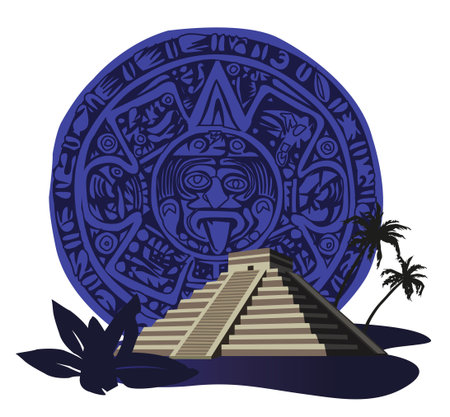 Illustration with ancient Mayan Pyramid and calendar 