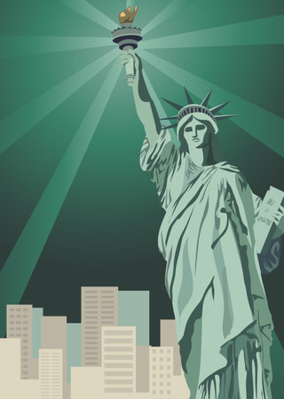 Background illustration with Statue of Liberty and New York skyscrapers  のイラスト素材
