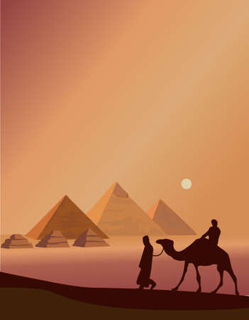 Background illustration with bedouins and the pyramids of Gizaのイラスト素材