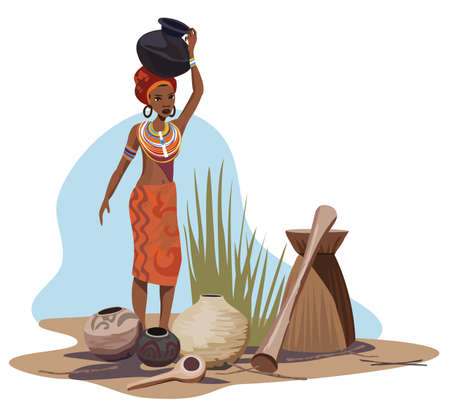 Illustration with an African woman carrying a potのイラスト素材