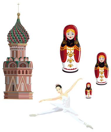 Illustration of Kremlin tower, ballerina and russian dolls, isolated on white backgroundのイラスト素材