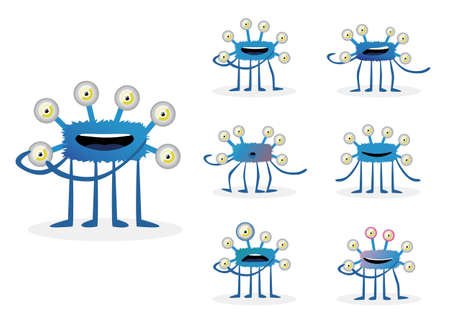 Vector illustrations of a funny creature with expressions. Isolated cartoon character set on white background.のイラスト素材