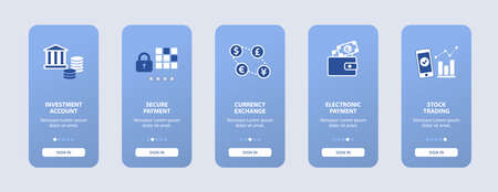 Mobile onboarding screen designs for online banking apps. Vector digital banking icons and symbols. Isolated flat designed pictograms of finance and digital banking concepts for mobile use.のイラスト素材
