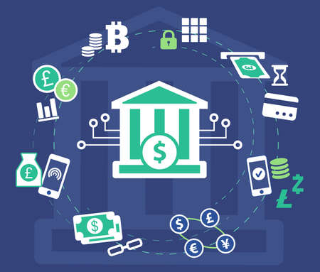 Vector digital banking icons and symbols. Flat-design pictograms for finance and online banking concepts.のイラスト素材